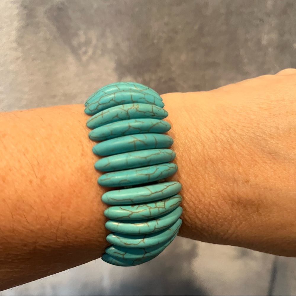 Faux Turquoise Stretch Bracelet Marbled Pattern Slip On Cuff Western Tribal